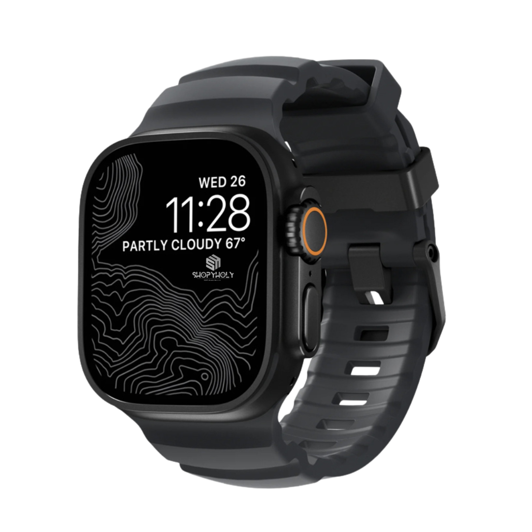 Strom Black Premium Rugged Silicone With Metal Buckle By Shopyholy Compatible For Apple Watch