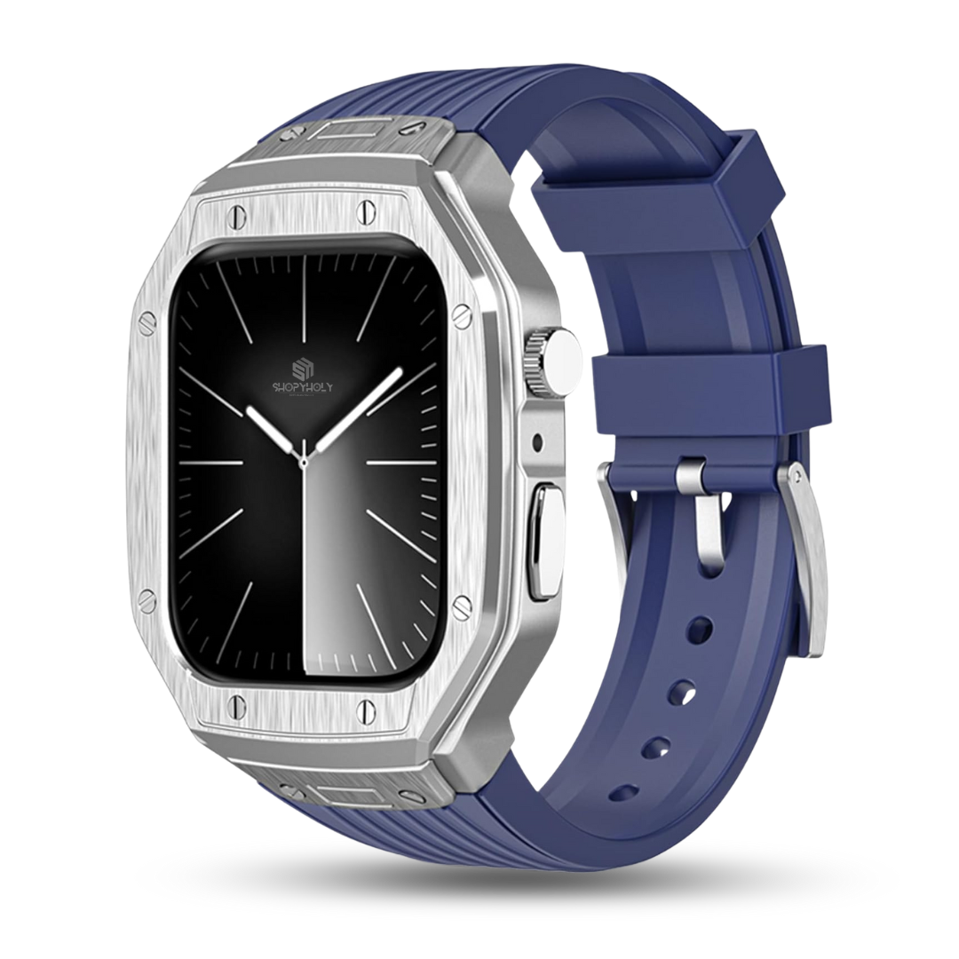 Silver Blue Luxury Modification Metal Case By Shopyholy Compatible For Apple Watch