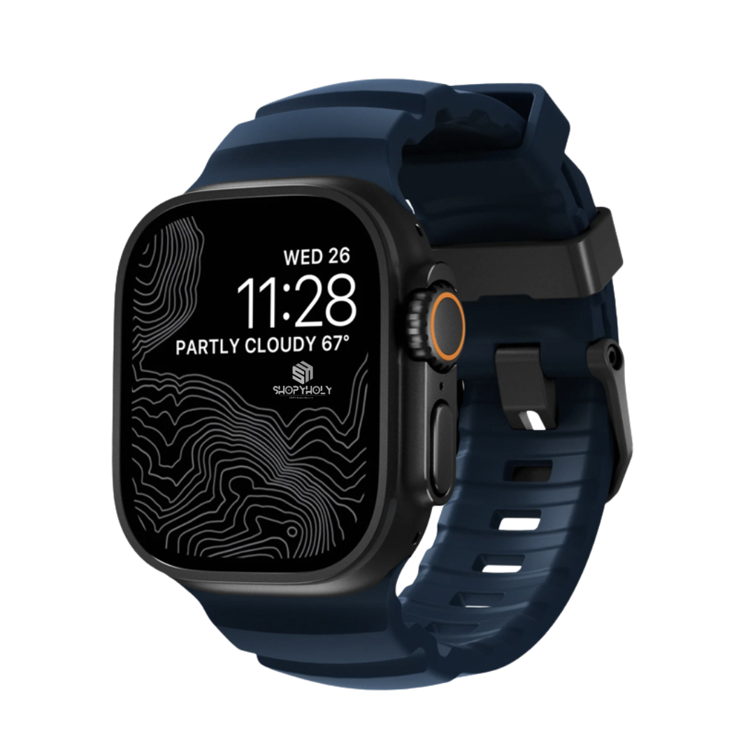 Navy B Premium Rugged Silicone With Metal Buckle By Shopyholy Compatible For Apple Watch