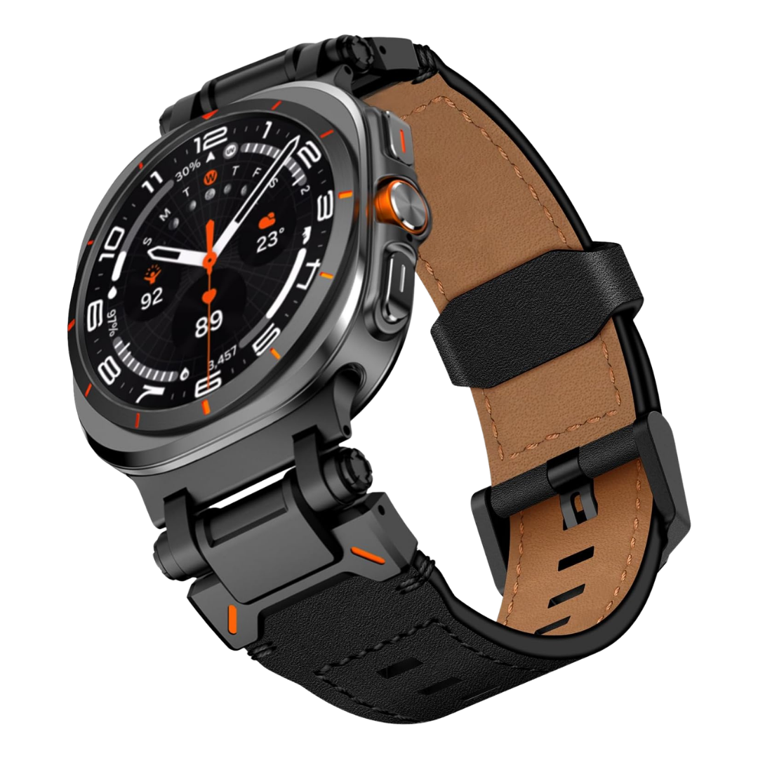 Full Black Rugged Genuine Leather Band for Samsung Galaxy Watch Ultra 2/Ultra 1 – 47mm