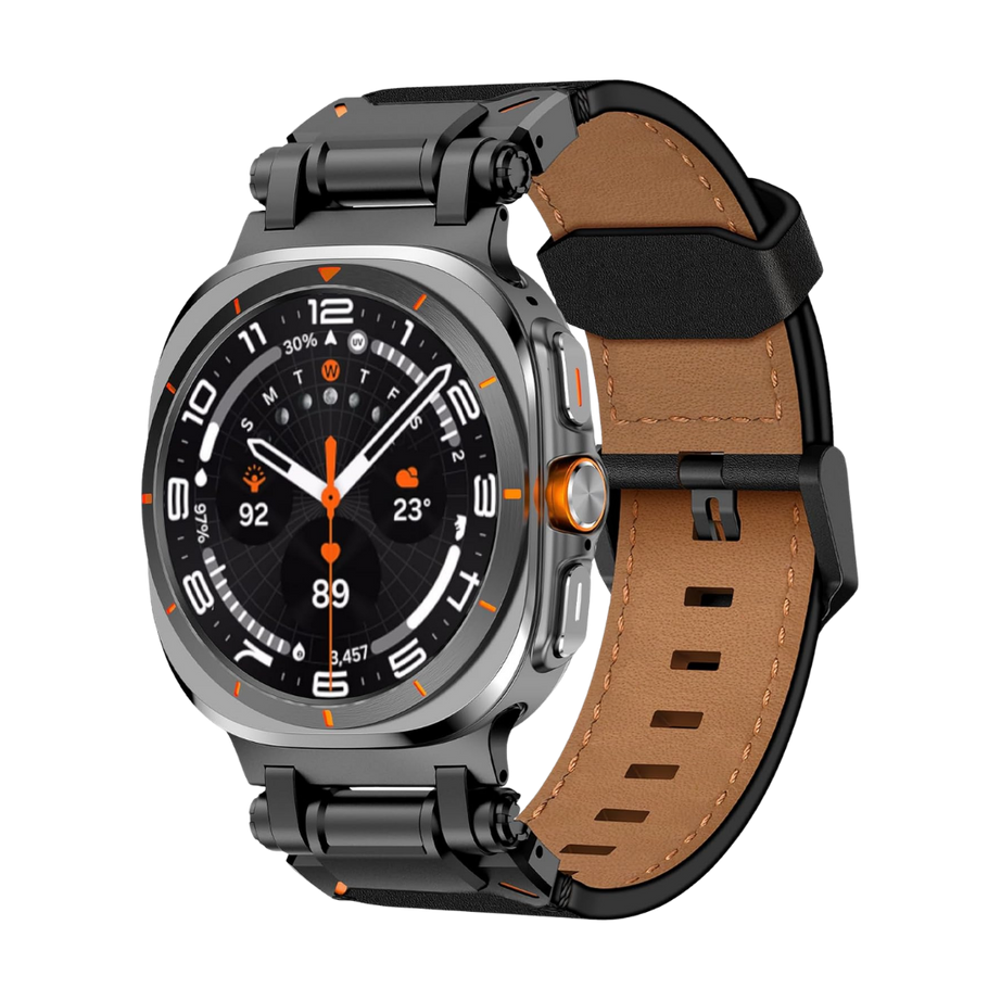 Full Black Rugged Genuine Leather Band for Samsung Galaxy Watch Ultra 2/Ultra 1 – 47mm