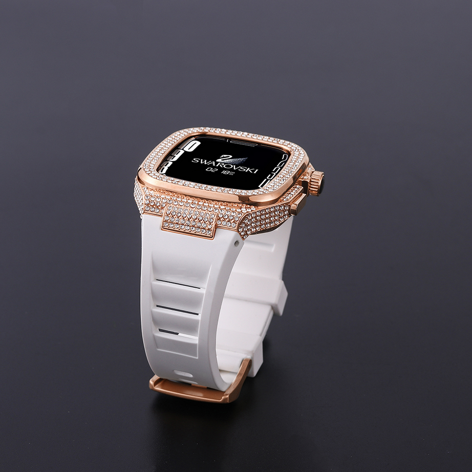 Rose Gold White Diamond Luxury Metal Case with Rubber Silicone Correa Straps For iWatch