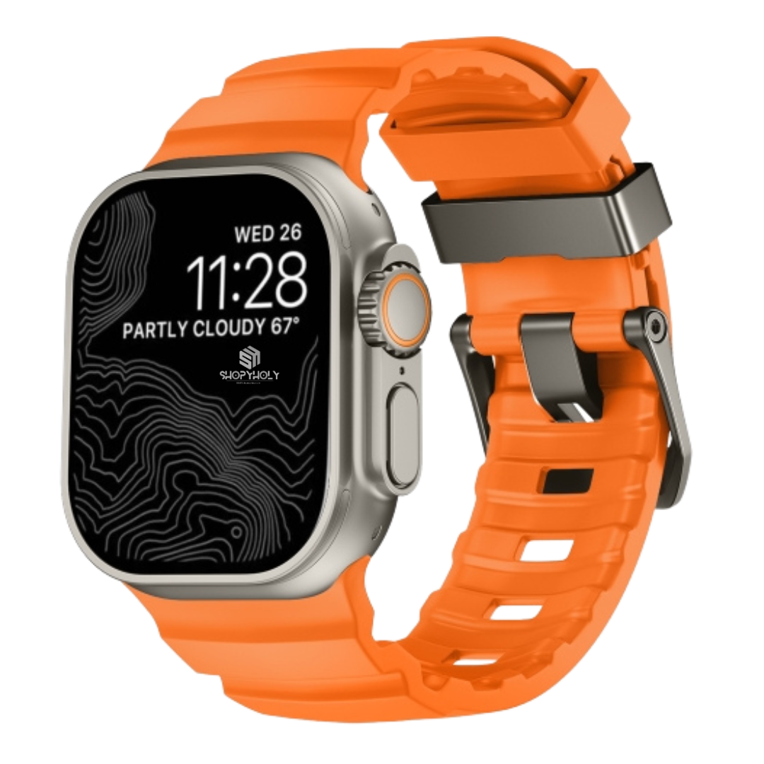 Orange T Premium Rugged Silicone With Metal Buckle By Shopyholy Compatible For Apple Watch