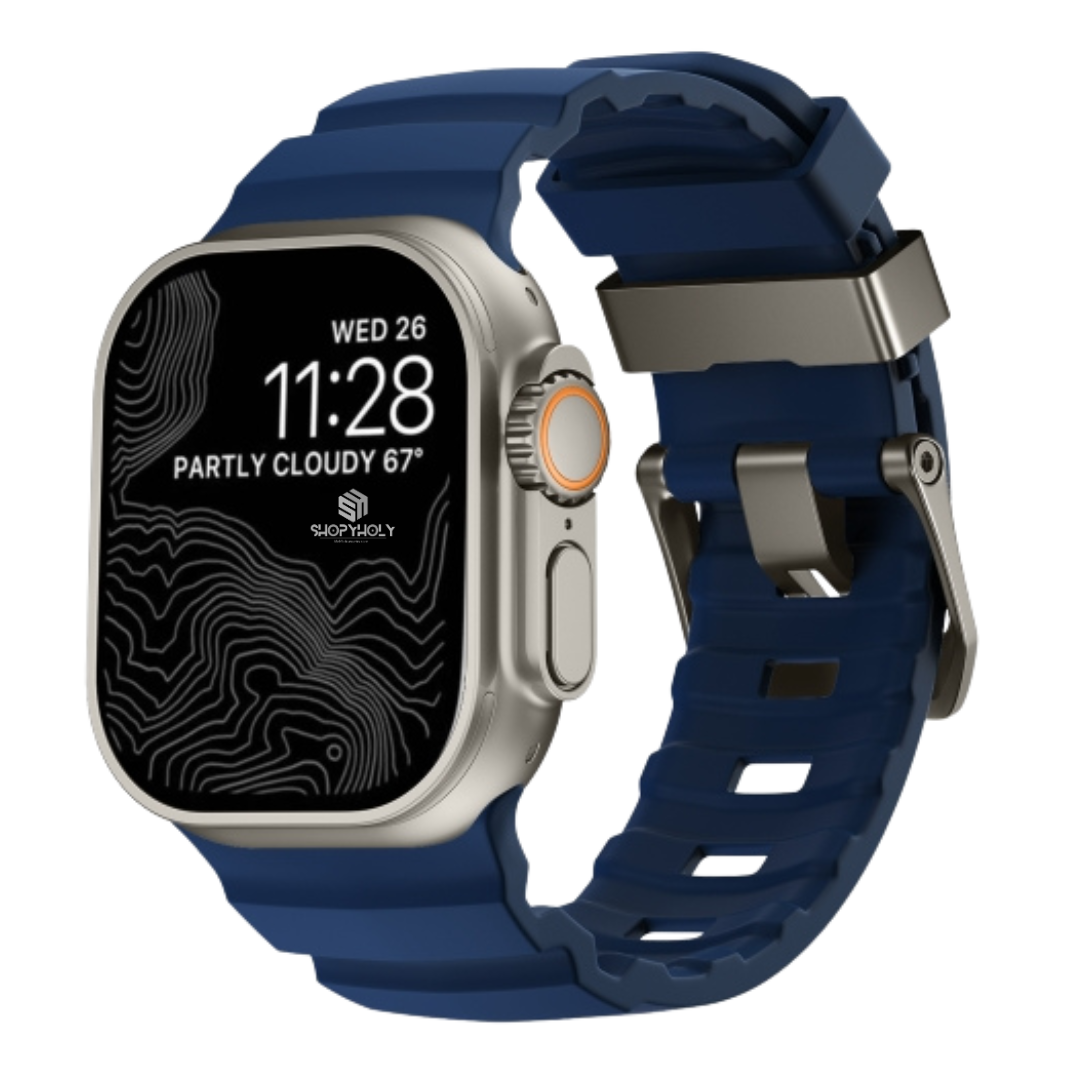 Navy Blue T Premium Rugged Silicone With Metal Buckle By Shopyholy Compatible For Apple Watch