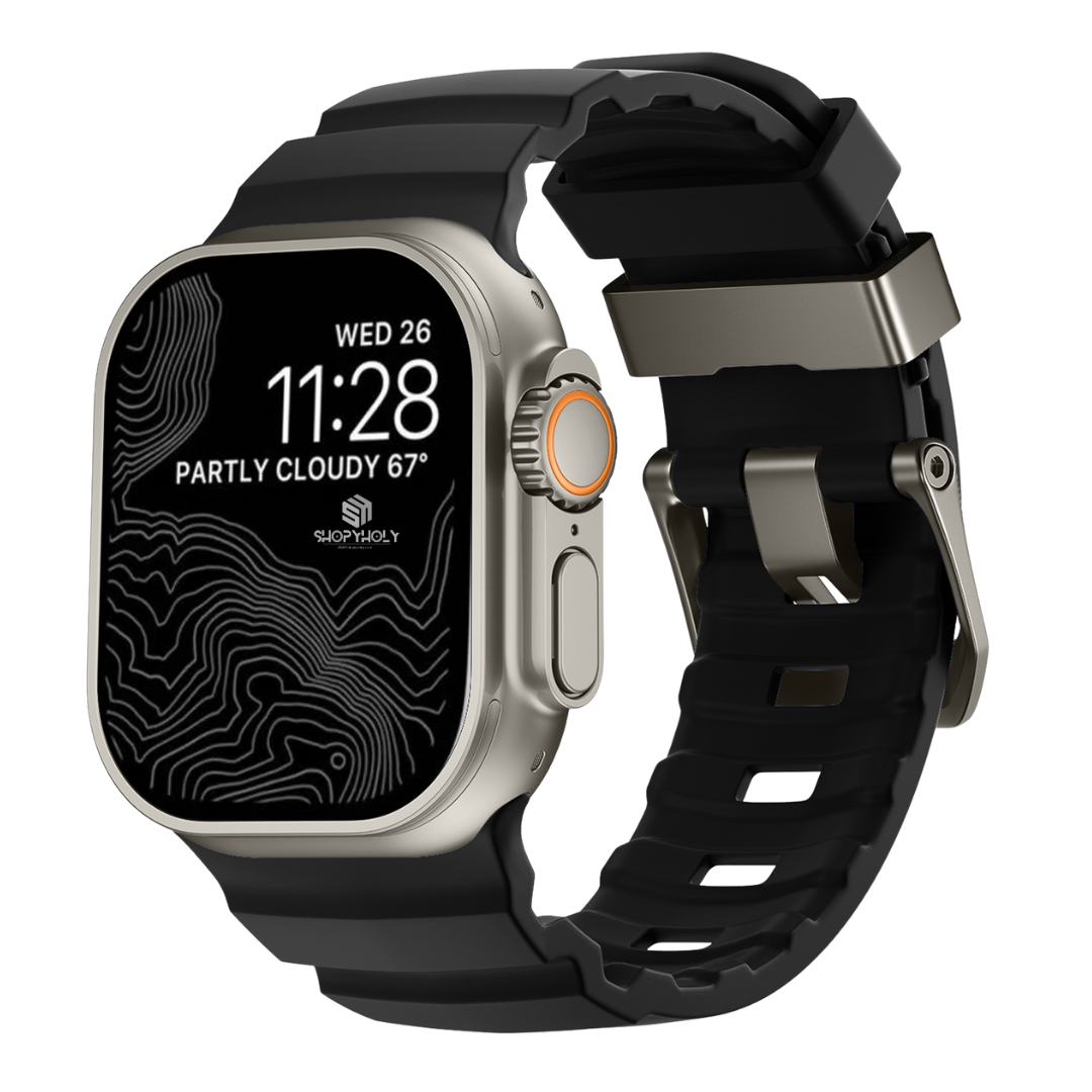 Black T Premium Rugged Silicone With Metal Buckle By Shopyholy Compatible For Apple Watch