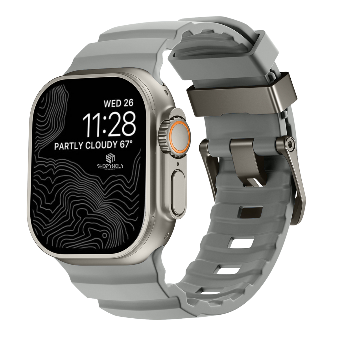 Grey T Premium Rugged Silicone With Metal Buckle By Shopyholy Compatible For Apple Watch