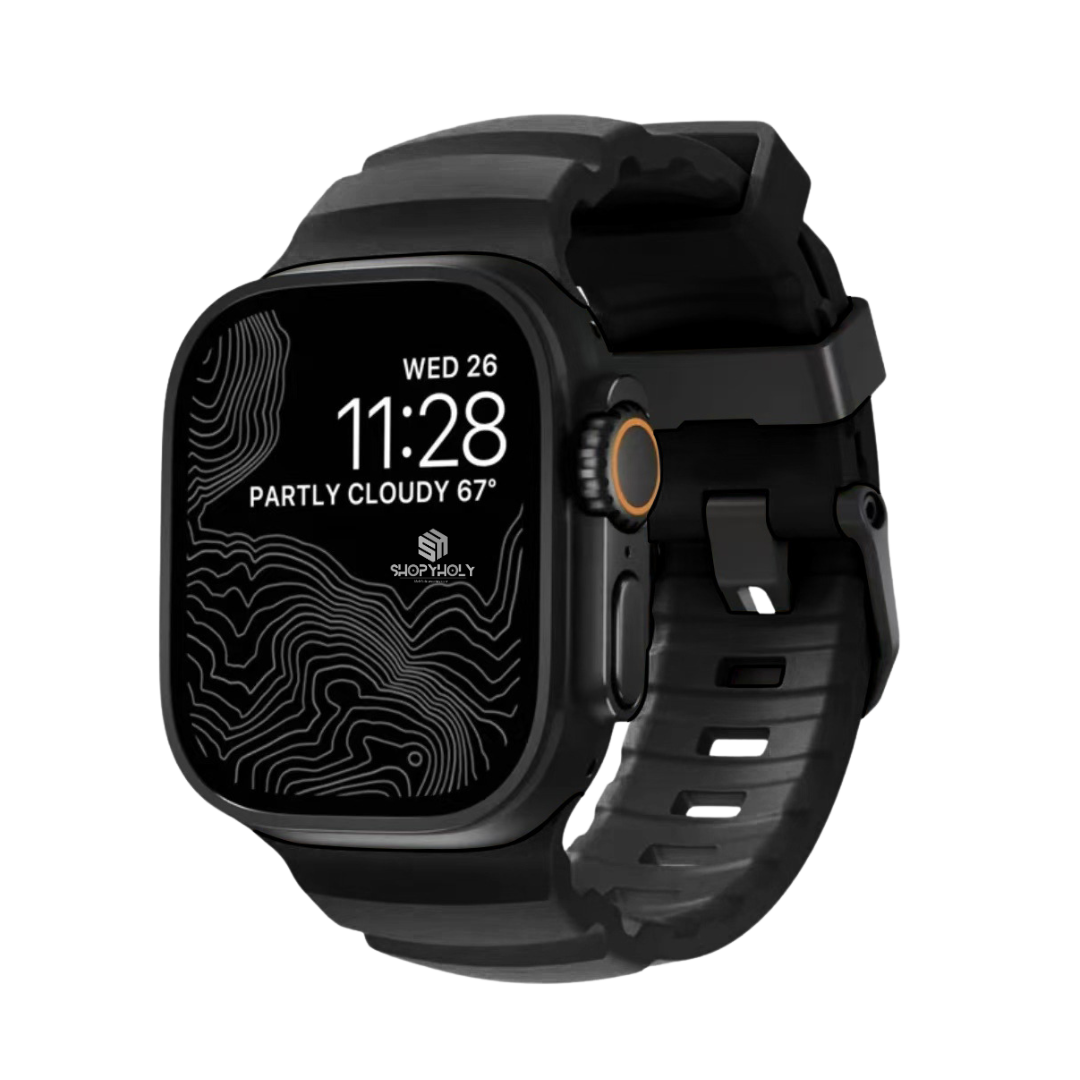 Full Black Premium Rugged Silicone With Metal Buckle By Shopyholy Compatible For Apple Watch