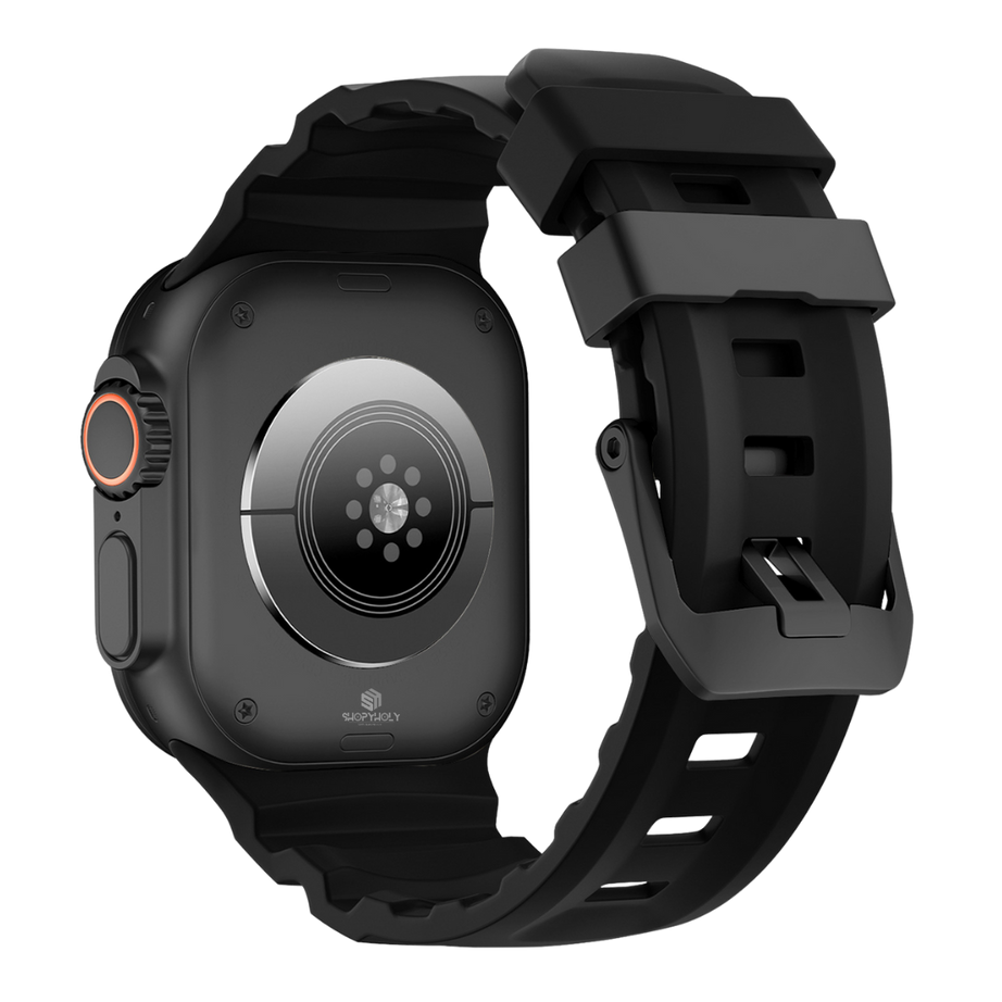 Full Black Premium Rugged Silicone With Metal Buckle By Shopyholy Compatible For Apple Watch