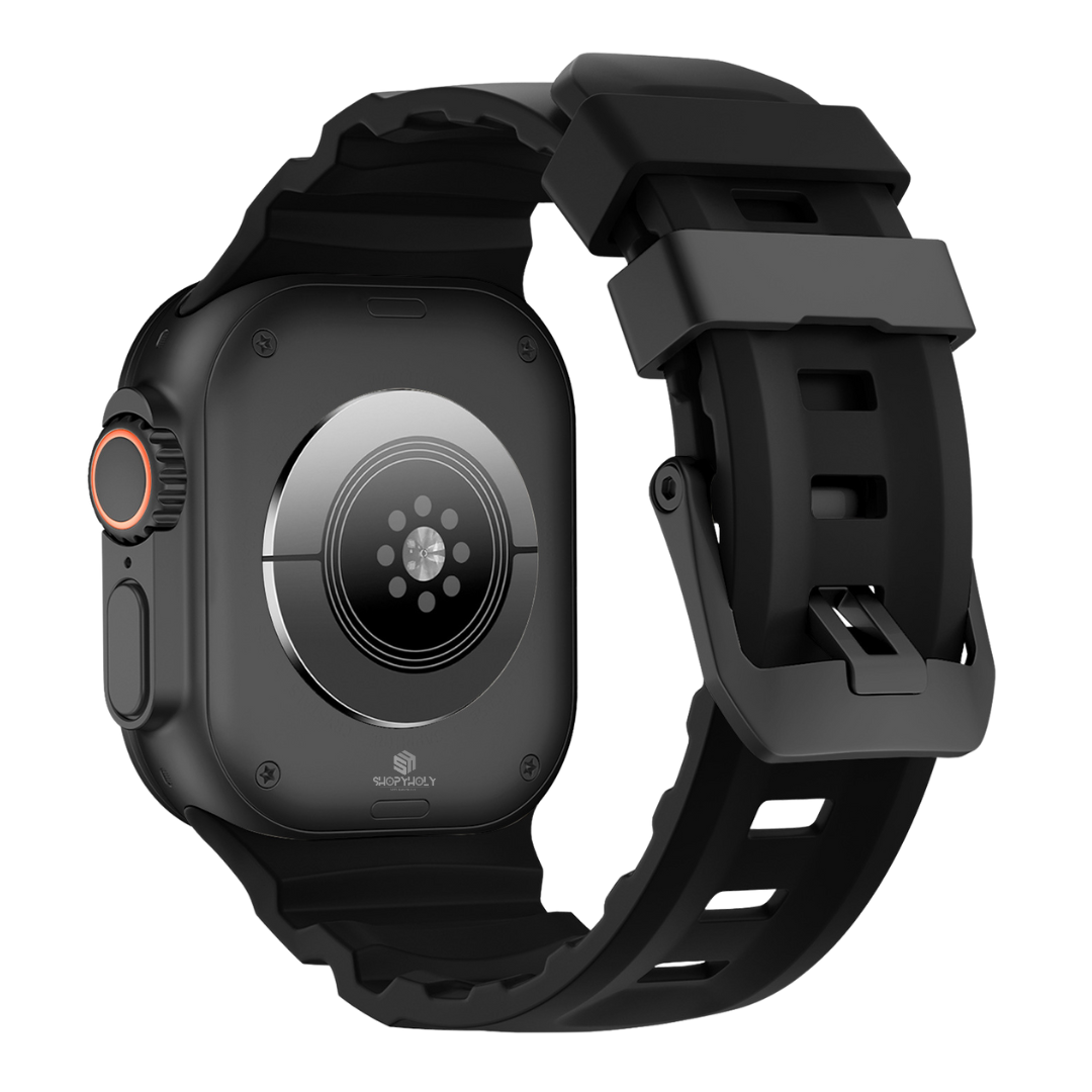 Full Black Premium Rugged Silicone With Metal Buckle By Shopyholy Compatible For Apple Watch