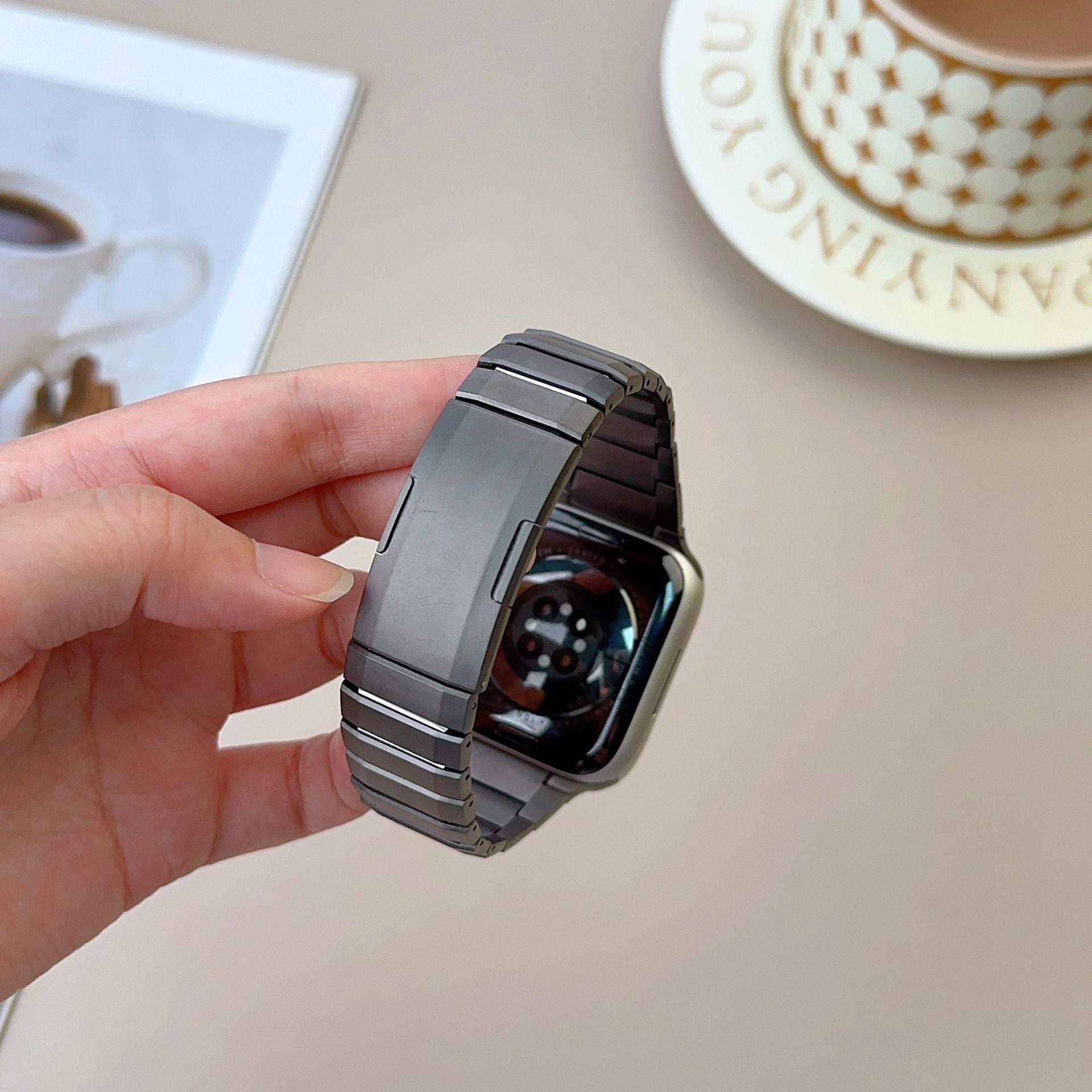 Grey Titanium Luxury Curved Sliding Steel Straps By Shopyholy Compatible For Apple Watch