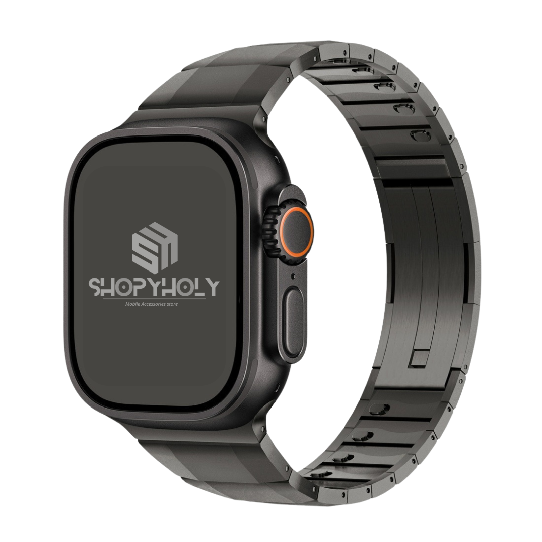 Grey Titanium Luxury Curved Sliding Steel Straps By Shopyholy Compatible For Apple Watch