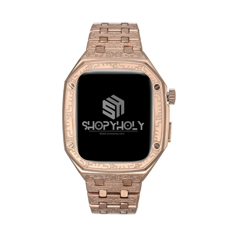 Rose Gold Luxury AP Totem Pattern Stainless Steel Case with Straps For Apple Watch