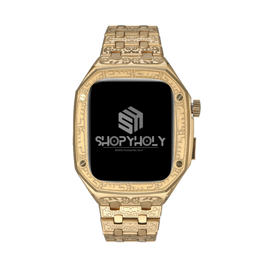 Gold Luxury AP Totem Pattern Stainless Steel Case with Straps For Apple Watch