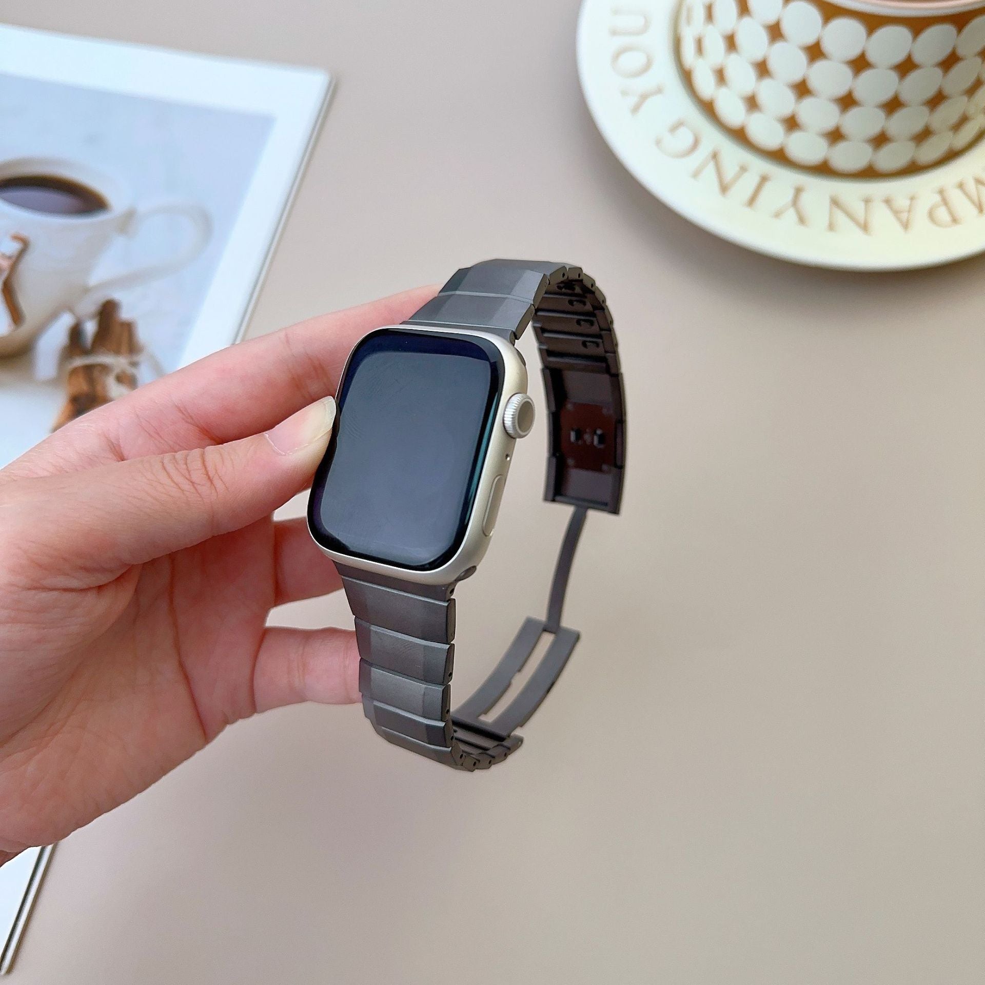 Grey Titanium Luxury Curved Sliding Steel Straps By Shopyholy Compatible For Apple Watch