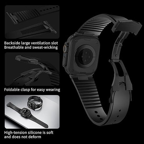 Full Black Luxury Velocity Ribbed Silicone Band By Shopyholy Compatible For Apple Watch