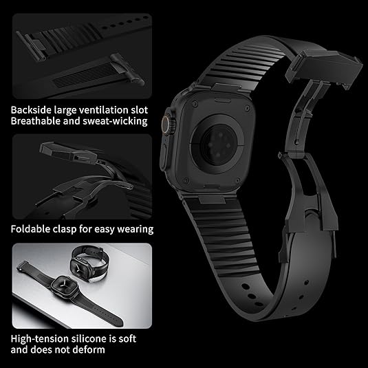 Full Black Luxury Velocity Ribbed Silicone Band By Shopyholy Compatible For Apple Watch