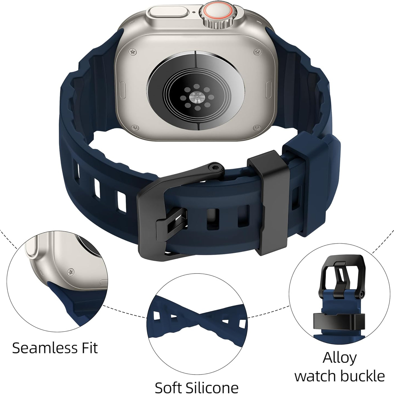 Navy B Premium Rugged Silicone With Metal Buckle By Shopyholy Compatible For Apple Watch