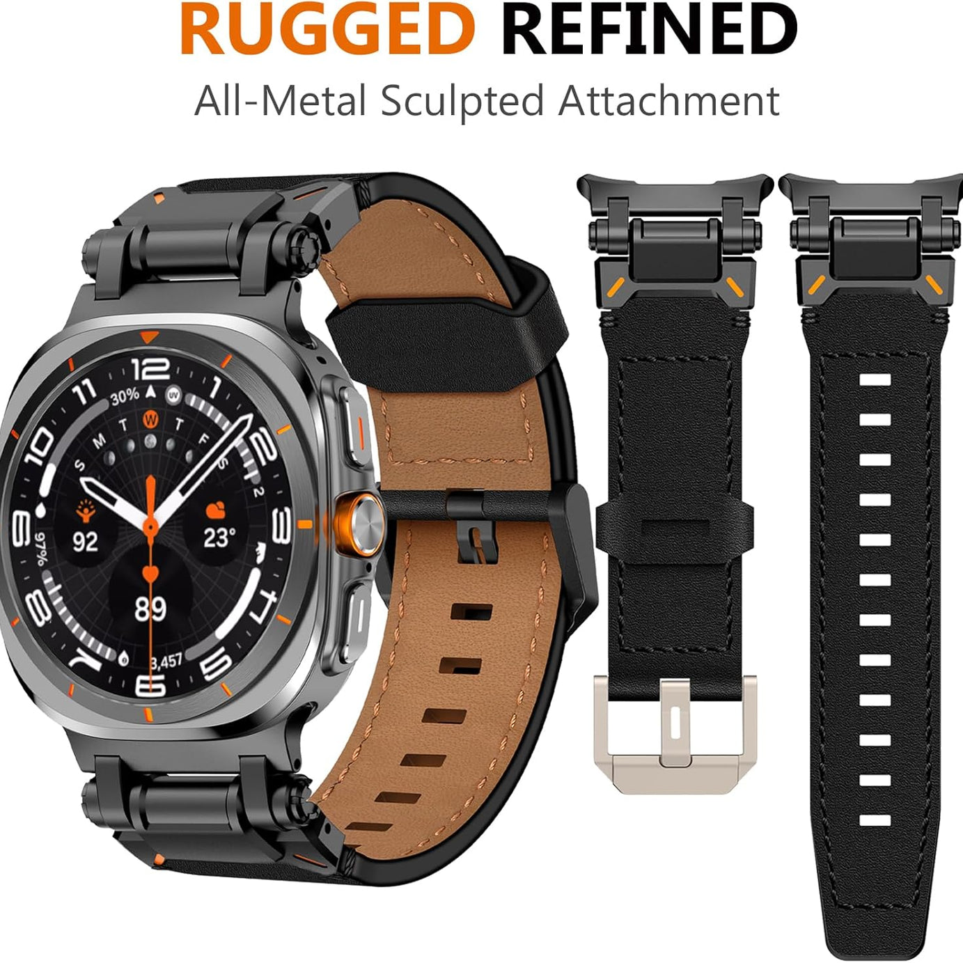 Full Black Rugged Genuine Leather Band for Samsung Galaxy Watch Ultra 2/Ultra 1 – 47mm