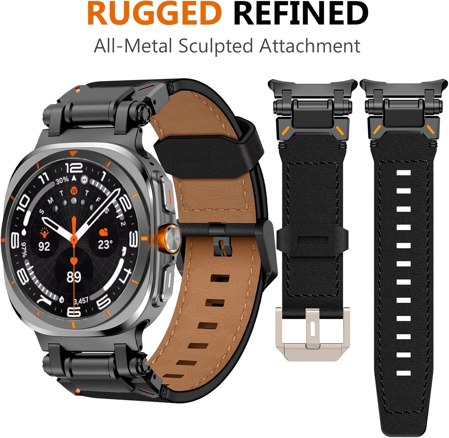 Full Black Rugged Genuine Leather Band for Samsung Galaxy Watch Ultra 2/Ultra 1 – 47mm