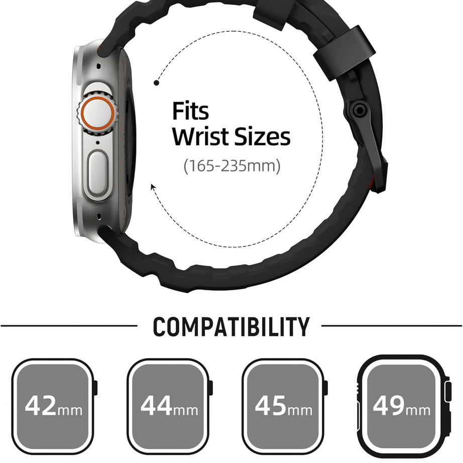 Full Black Premium Rugged Silicone With Metal Buckle By Shopyholy Compatible For Apple Watch