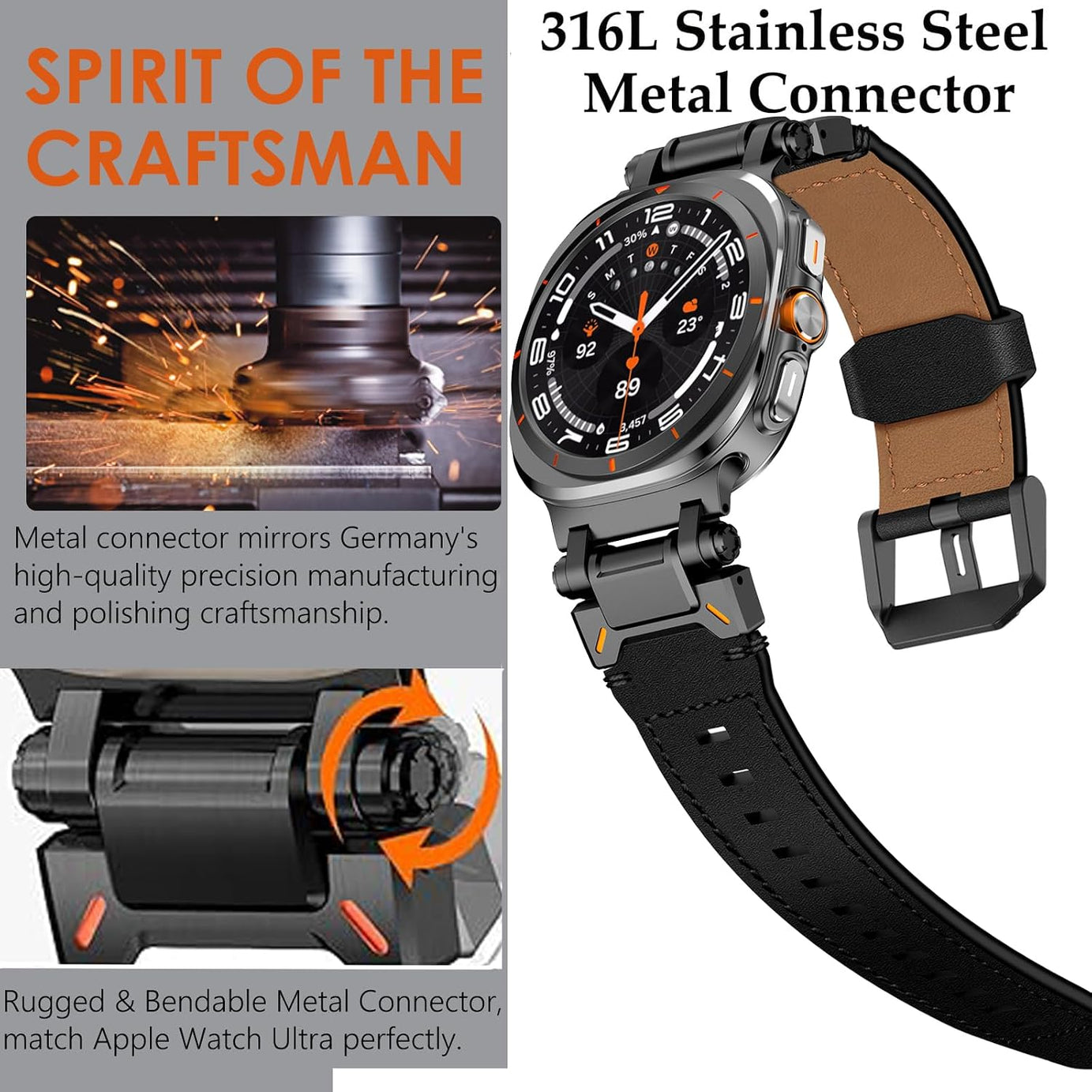 Full Black Rugged Genuine Leather Band for Samsung Galaxy Watch Ultra 2/Ultra 1 – 47mm