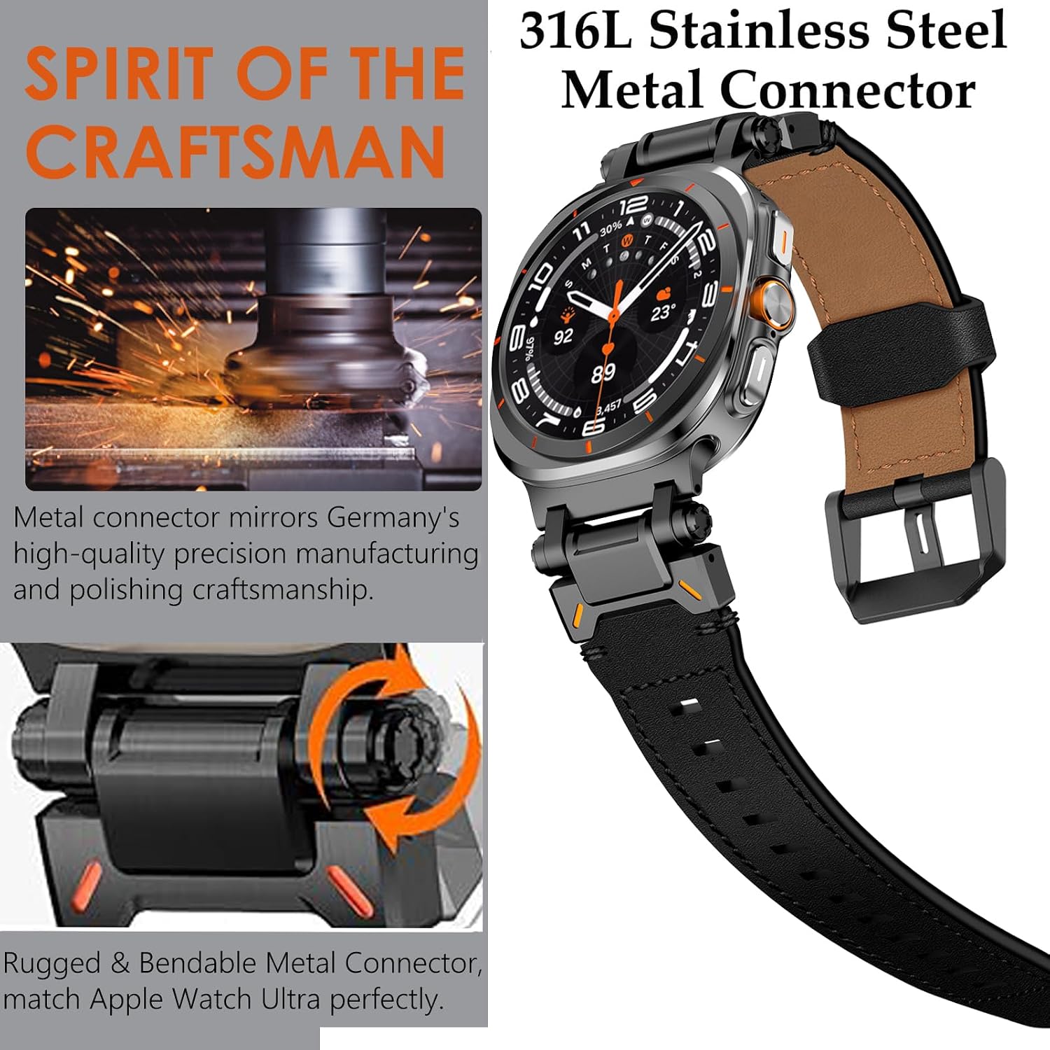 Full Black Rugged Genuine Leather Band for Samsung Galaxy Watch Ultra 2/Ultra 1 – 47mm
