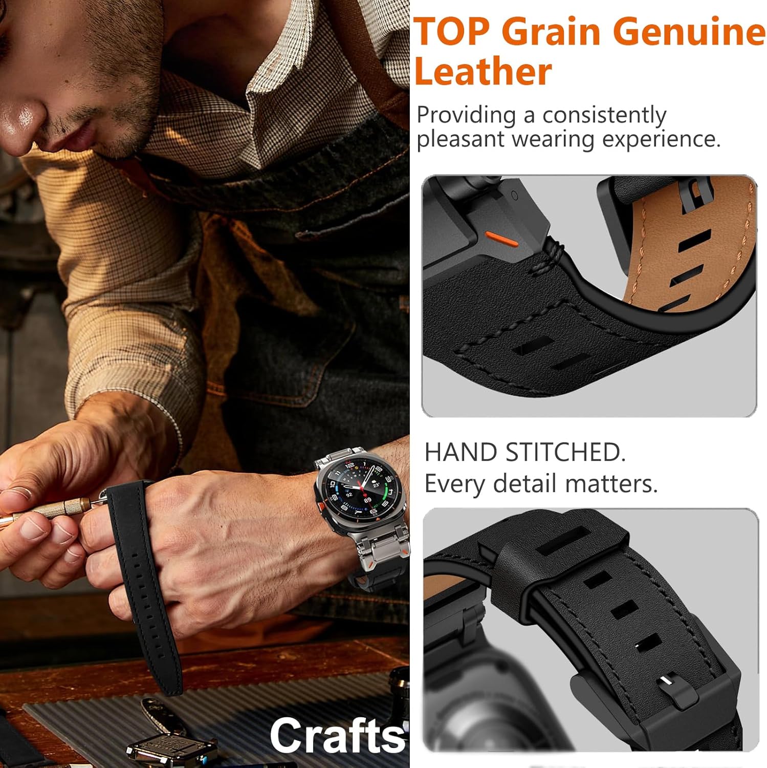 Full Black Rugged Genuine Leather Band for Samsung Galaxy Watch Ultra 2/Ultra 1 – 47mm
