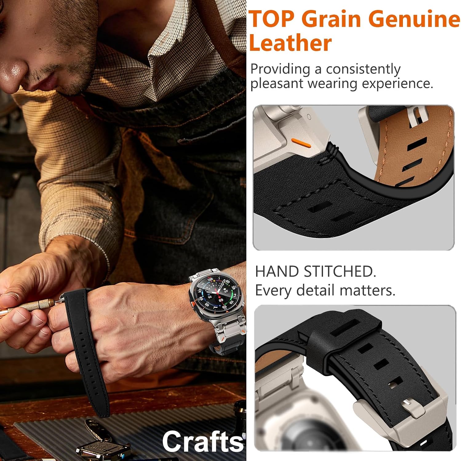 Black Rugged Genuine Leather Band for Samsung Galaxy Watch Ultra 2/Ultra 1 – 47mm