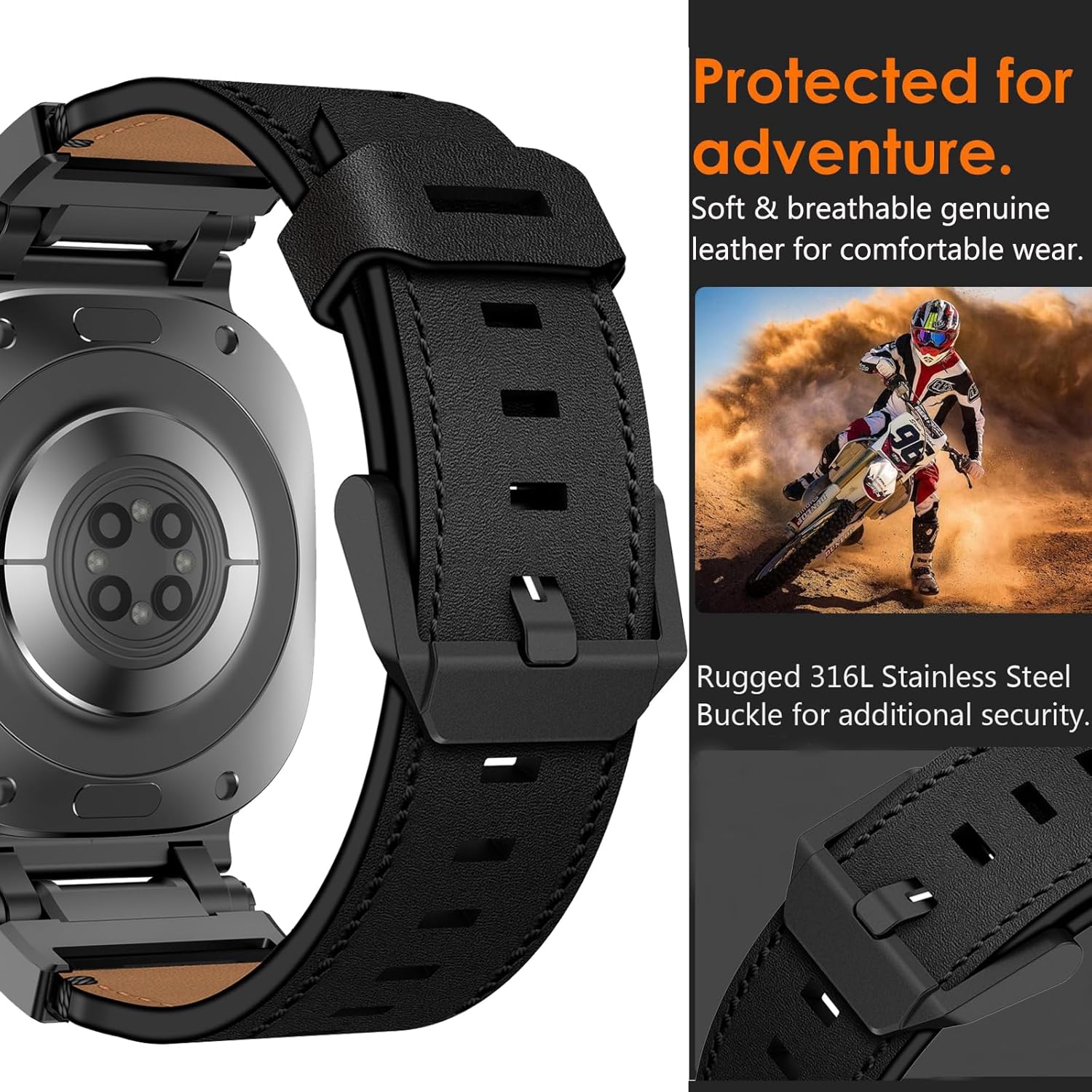 Full Black Rugged Genuine Leather Band for Samsung Galaxy Watch Ultra 2/Ultra 1 – 47mm