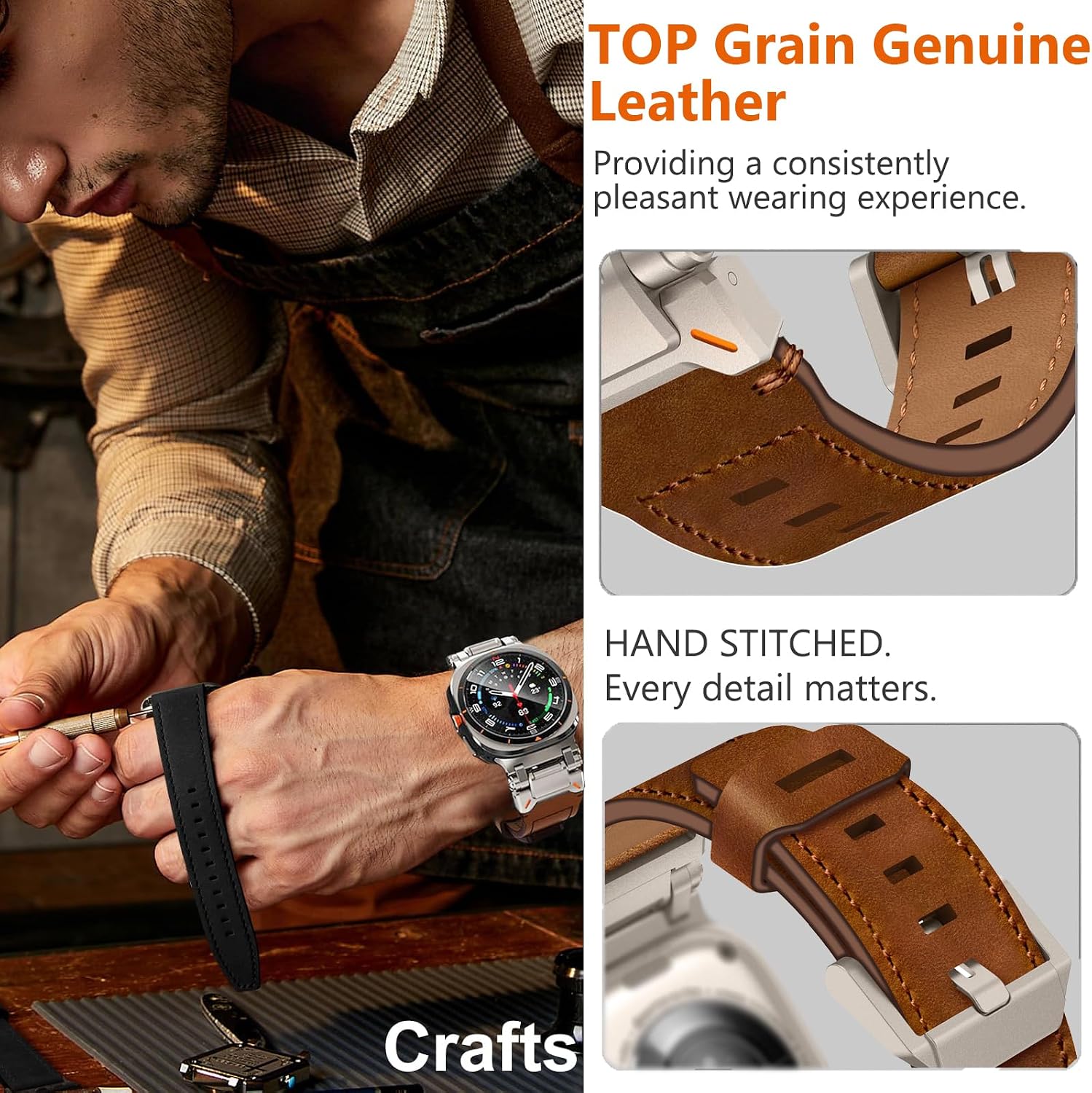 Brown Rugged Genuine Leather Band for Samsung Galaxy Watch Ultra 2/Ultra 1 – 47mm