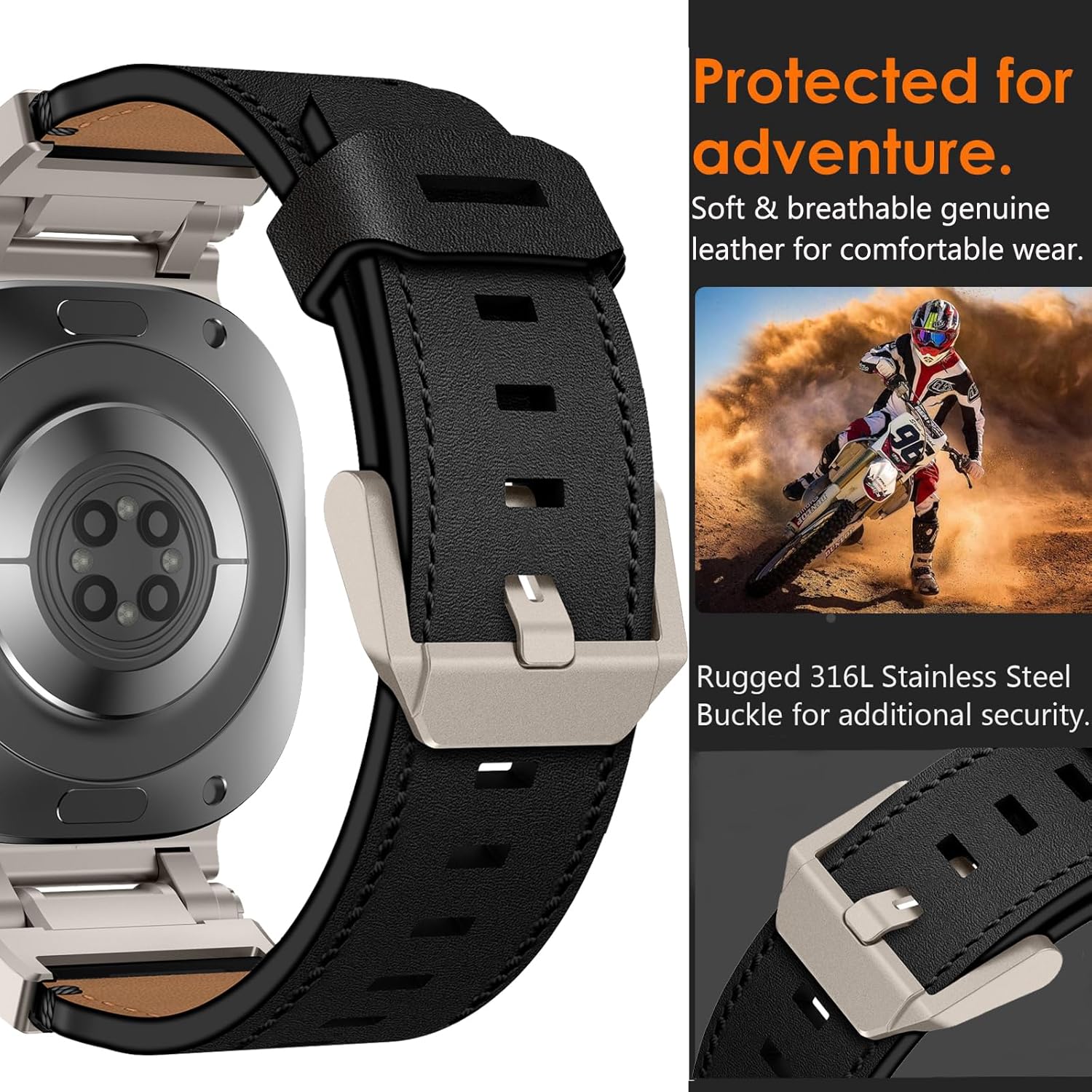 Black Rugged Genuine Leather Band for Samsung Galaxy Watch Ultra 2/Ultra 1 – 47mm