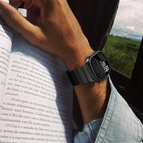 Full Black Luxury Titanium Dual Layer Silicone Magnetic Link Bands By Shopyholy Compatible For Apple Watch