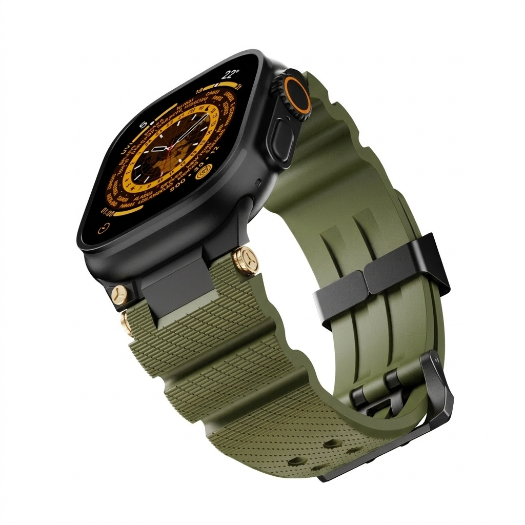 Military Green B Luxury Veltrix Silicone Straps By Shopyholy Compatible For Apple Watch