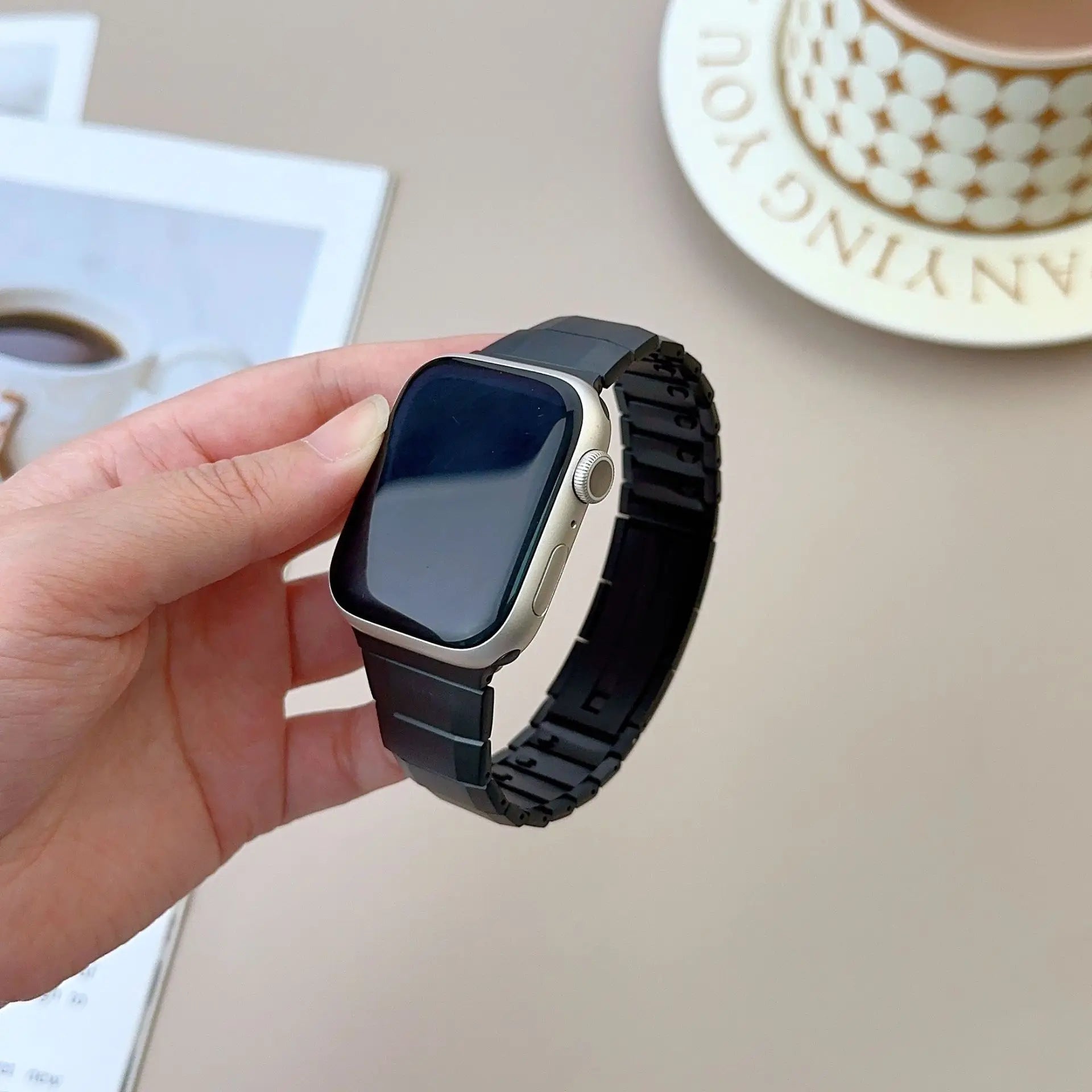 Black Titanium Luxury Curved Sliding Steel Straps By Shopyholy Compatible For Apple Watch