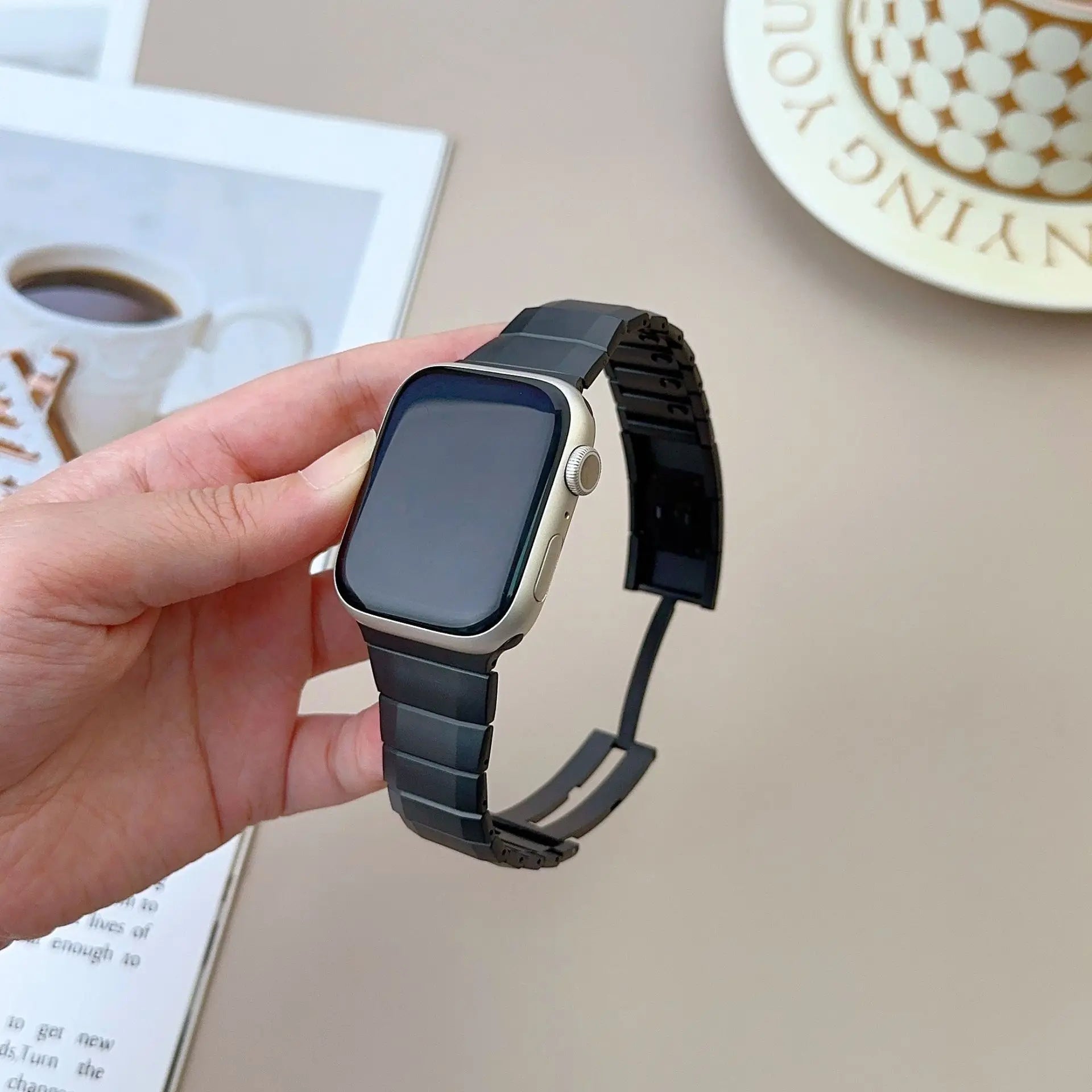 Black Titanium Luxury Curved Sliding Steel Straps By Shopyholy Compatible For Apple Watch