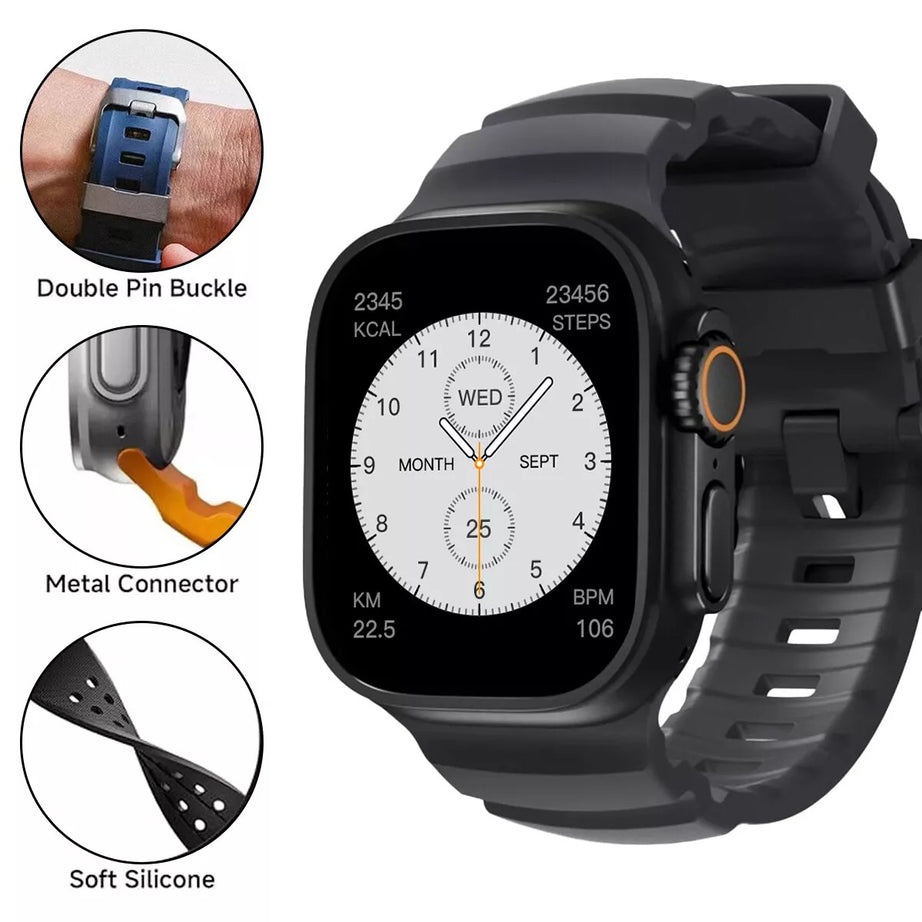 Strom Black Premium Rugged Silicone With Metal Buckle By Shopyholy Compatible For Apple Watch