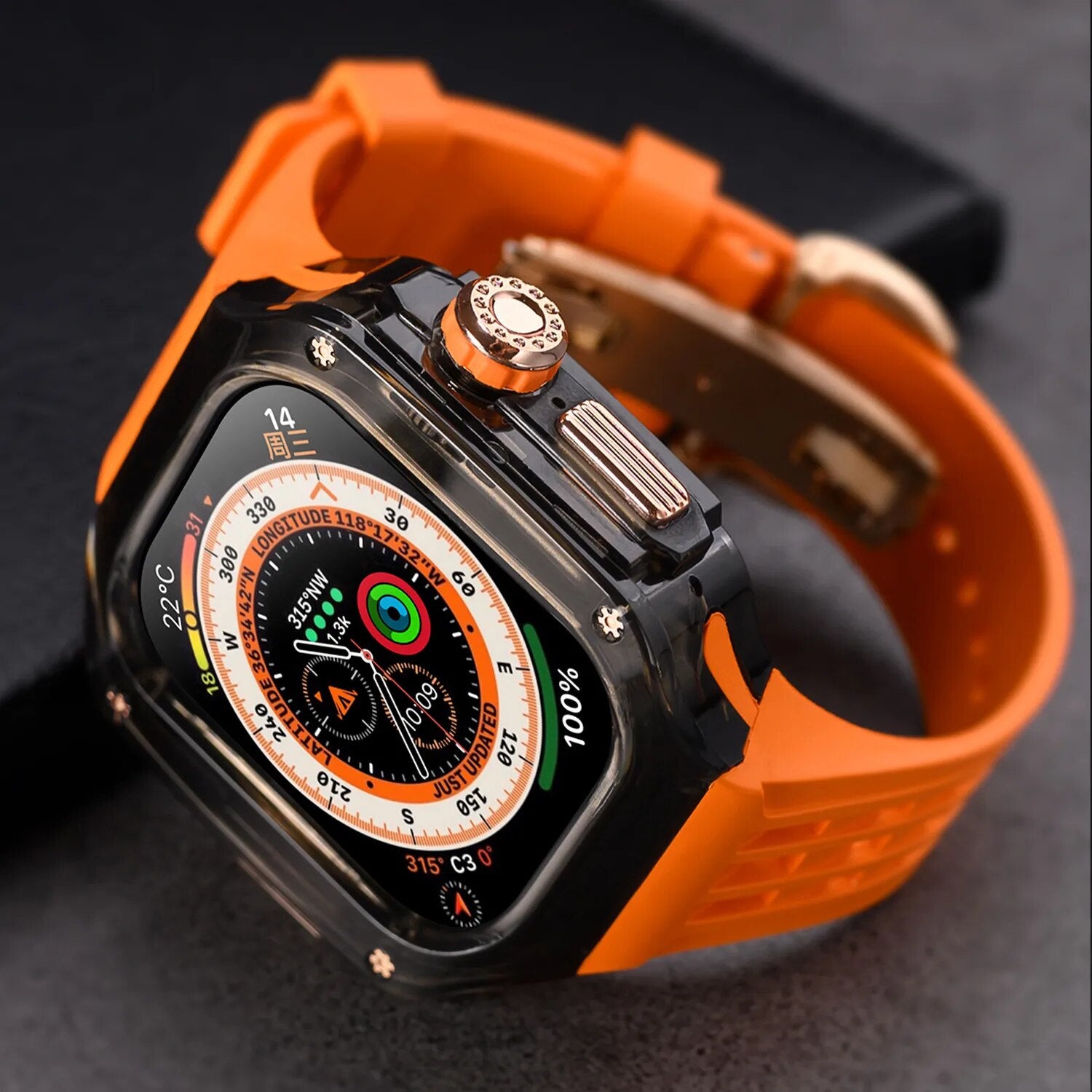 49MM Orange Black Luxury Glacier Case With Transparent Straps For iWatch Ultra