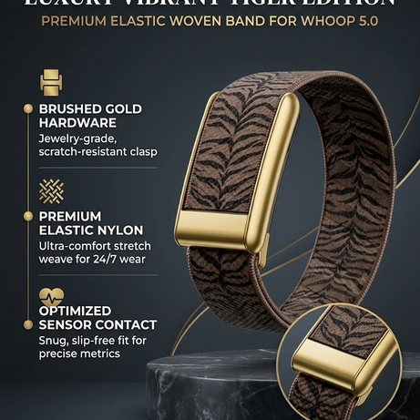 Vibrant Tiger Edition Premium Elastic Woven Band With Gold Clasp for WHOOP 5.0