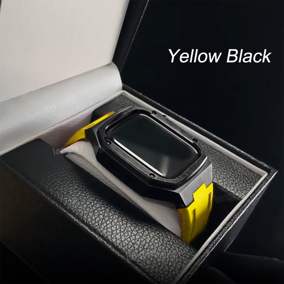 Black Yellow Luxury Metal Case With Silicone Correa Straps For iWatch