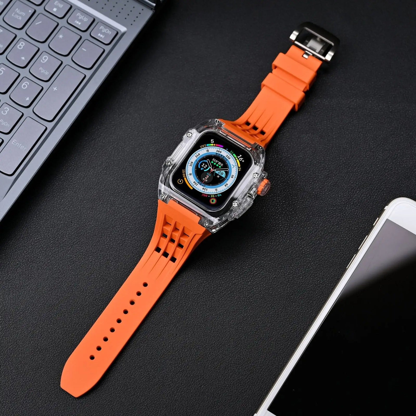 Luxury Modification Kit Transparent Case + Rubber Silicone Straps For Smart Watch (44MM 45MM)