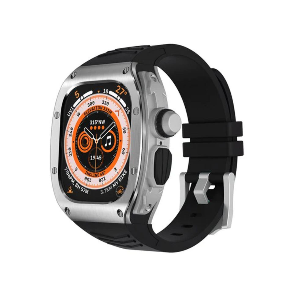49MM Silver Black Luxury Metal Case With Silicone Straps By Shopyholy Compatible For iWatch Ultra
