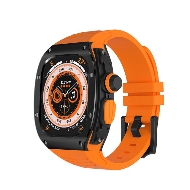 49MM Black Orange Luxury Metal Case With Silicone Straps By Shopyholy Compatible For iWatch Ultra